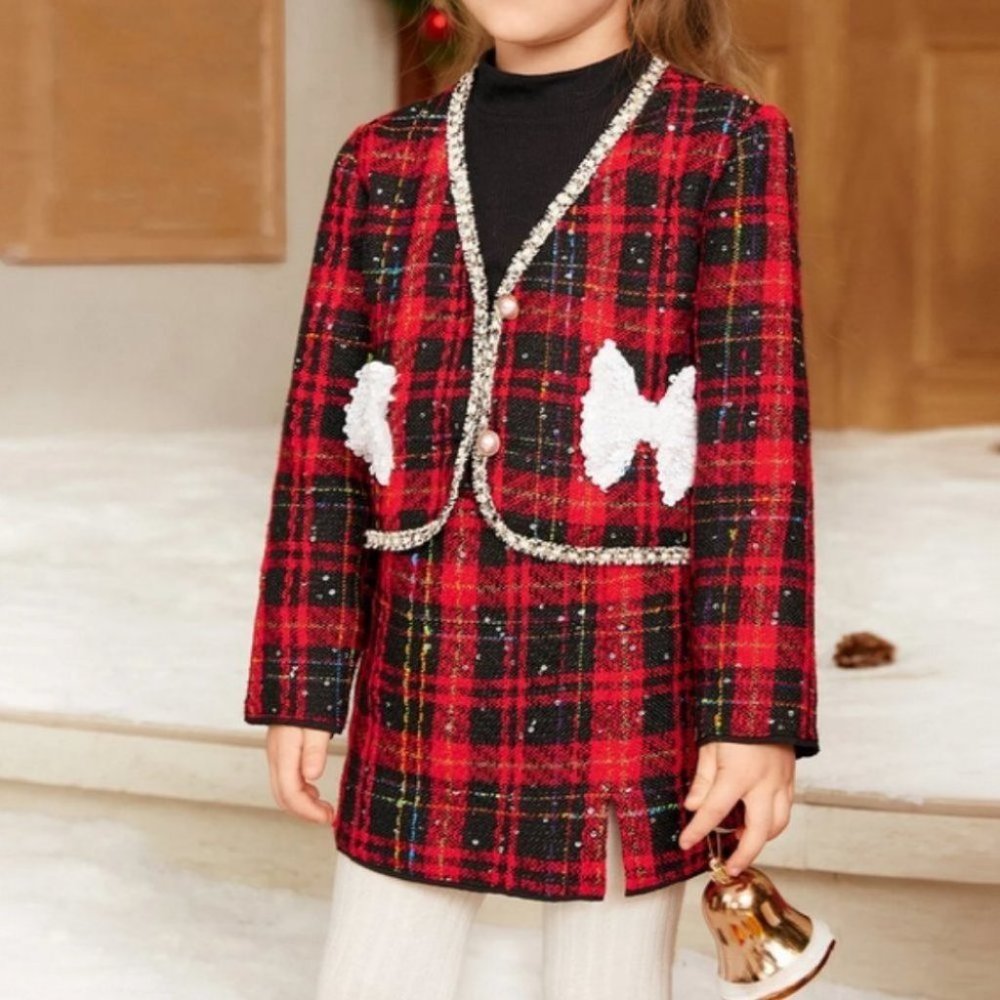 red plaid coord set jacket/ skirt with sequin bows - Picture 3 of 7